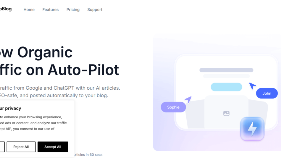 8 - Hero banner for WPAutoBlog: large headline 'Grow Organic Traffic on Auto-Pilot' with supporting text and a pastel illustration of a device screen with user avatars (Sophie and John).