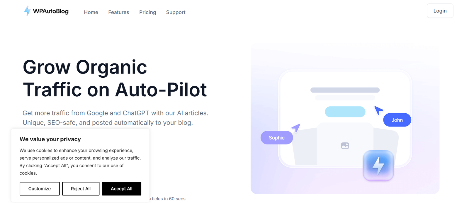 8 - Hero banner for WPAutoBlog: large headline 'Grow Organic Traffic on Auto-Pilot' with supporting text and a pastel illustration of a device screen with user avatars (Sophie and John).