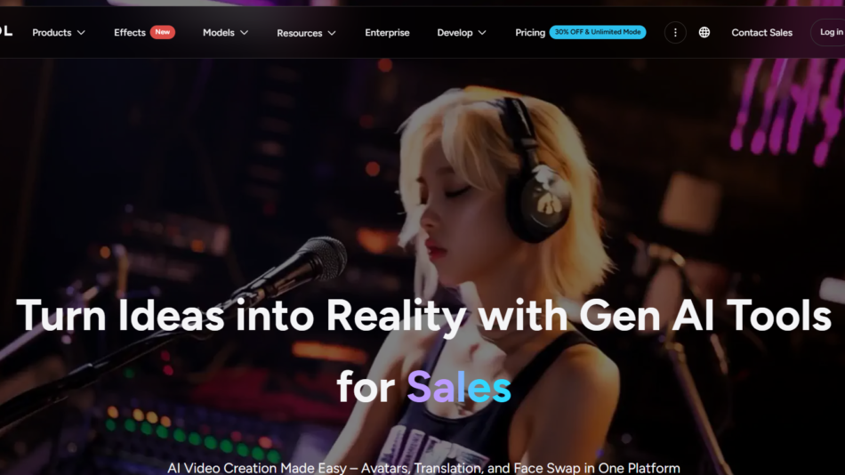 Female singer wearing headphones at a studio microphone, with the banner about Gen AI tools for sales.