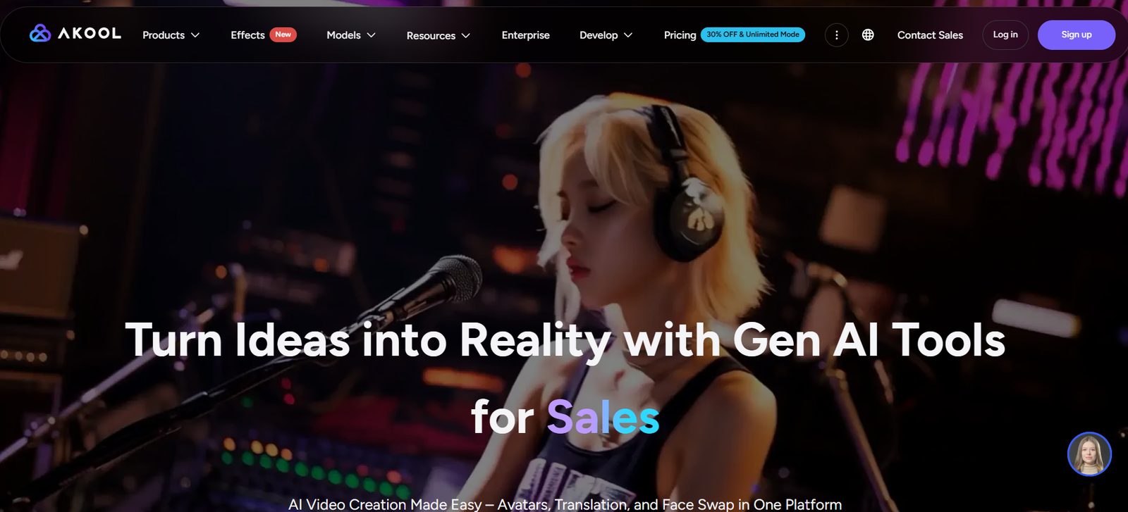 8 - Female singer wearing headphones at a studio microphone, with the banner about Gen AI tools for sales.