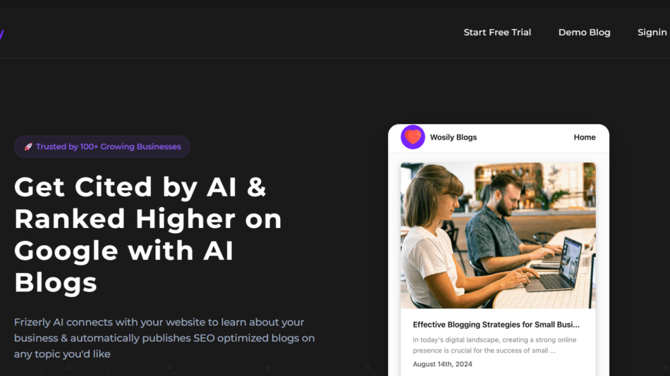 9 - Dark hero section with Frizerly logo and top nav, featuring a large headline about getting cited by AI blogs; a right-side device mockup overlaps the page.