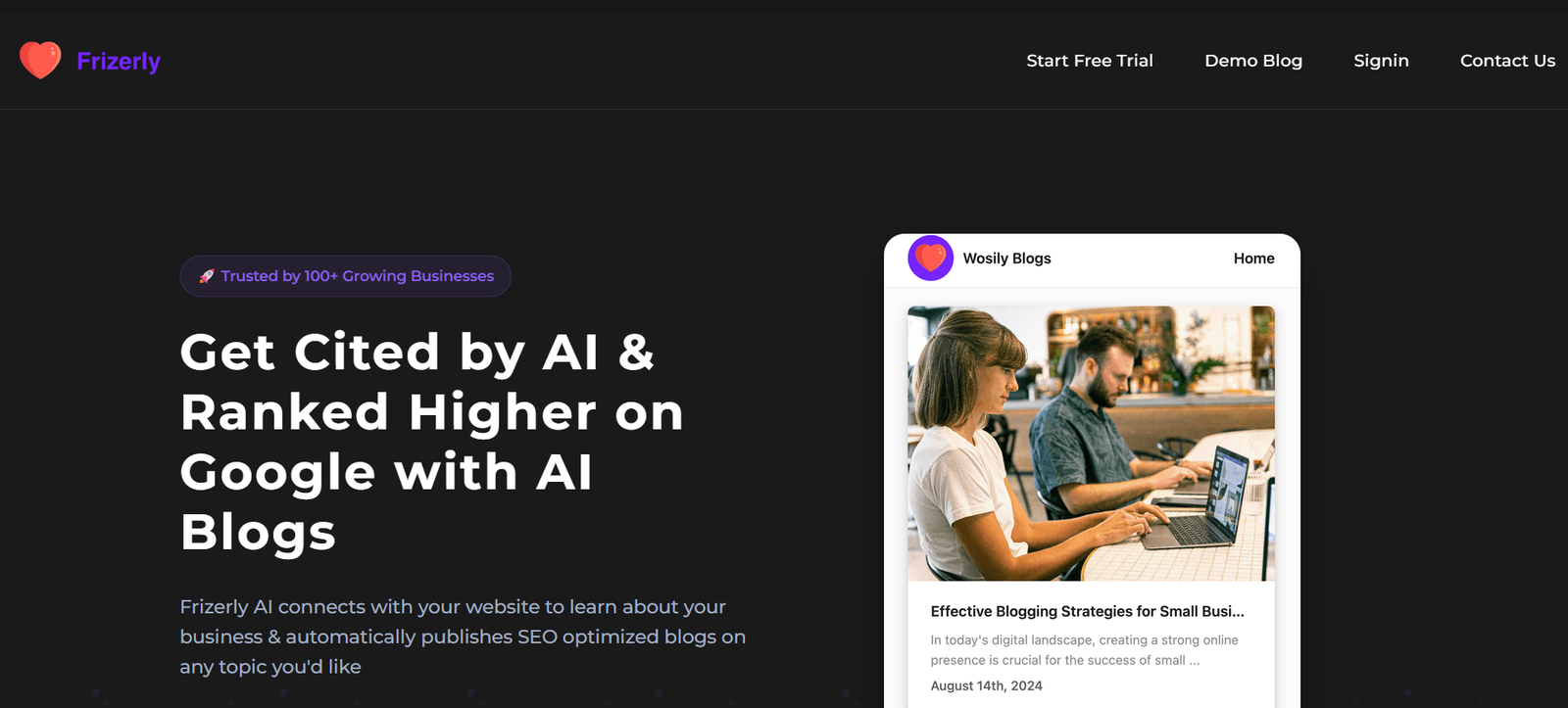 9 - Dark hero section with Frizerly logo and top nav, featuring a large headline about getting cited by AI blogs; a right-side device mockup overlaps the page.