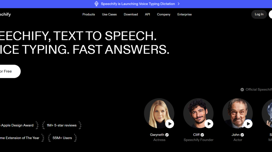 9 - Black hero header with large white title: Speechify text-to-speech and voice typing, plus a rounded 'Try For Free' button and top navigation.