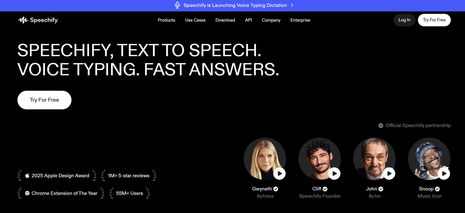 9 - Black hero header with large white title: Speechify text-to-speech and voice typing, plus a rounded 'Try For Free' button and top navigation.