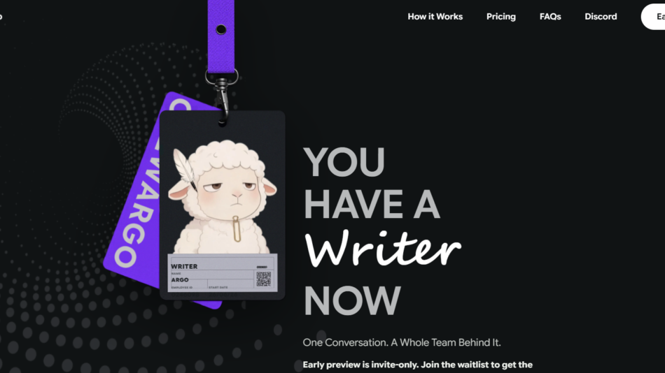 000 - Hero banner: dark hero image with a sheep mascot tag hanging on a purple strap and the bold headline 'YOU HAVE A Writer NOW' on the right, plus the site logo in the top-left corner.