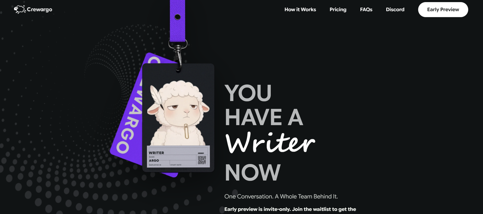 000 - Hero banner: dark hero image with a sheep mascot tag hanging on a purple strap and the bold headline 'YOU HAVE A Writer NOW' on the right, plus the site logo in the top-left corner.