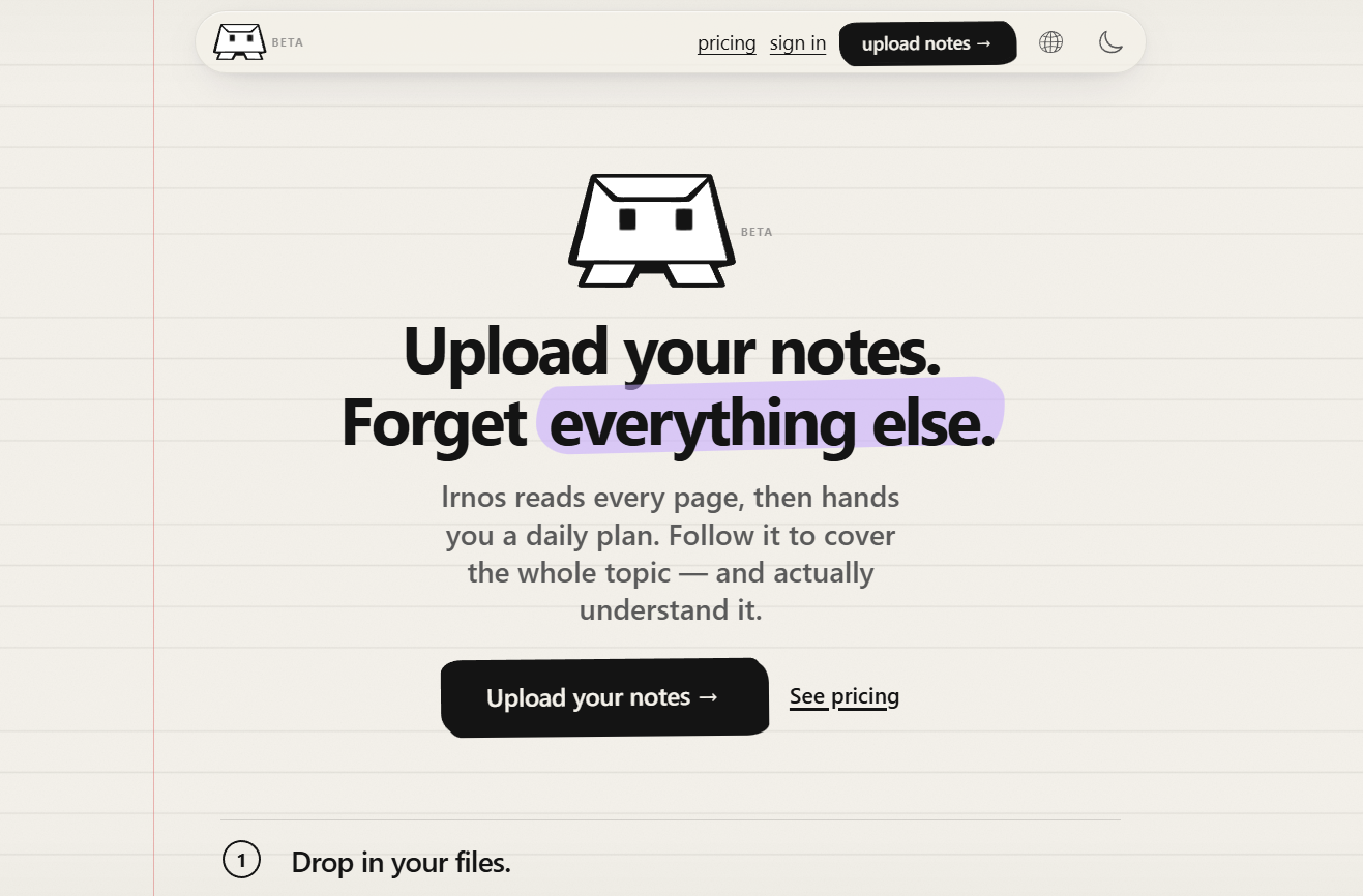 068 - Hero illustration of a boxed robot icon above the headline 'Upload your notes. Forget everything else.' on a lined paper background with a purple highlight behind 'everything else'.