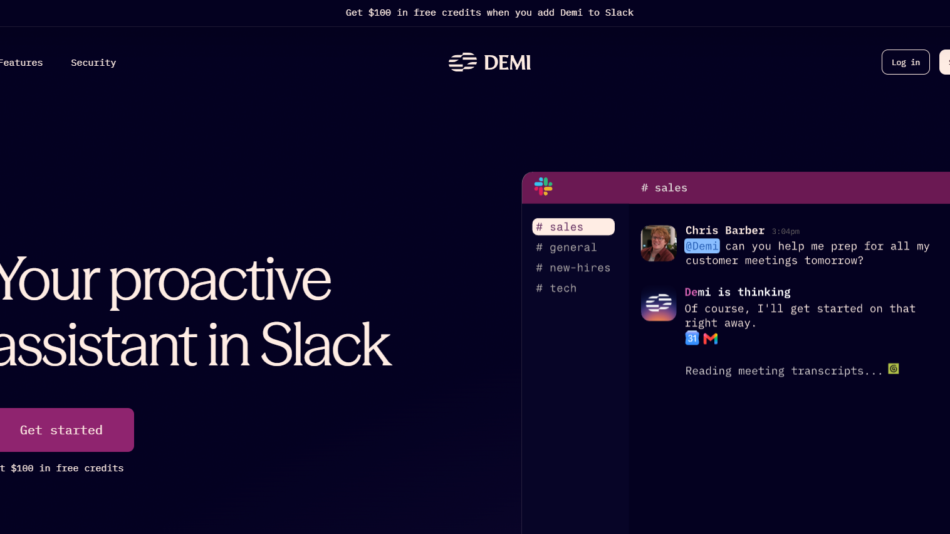 Hero header with bold text 'Your proactive assistant in Slack' and a pink 'Get started' button, plus a Slack-style chat window on the right.