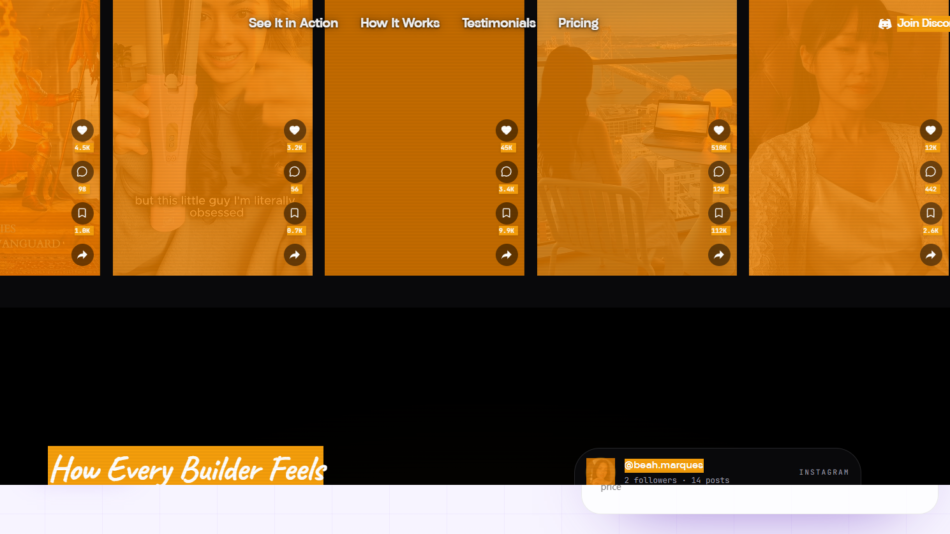 Spira AI homepage header with navigation and a row of orange-tinted carousel panels featuring social icons on the right.