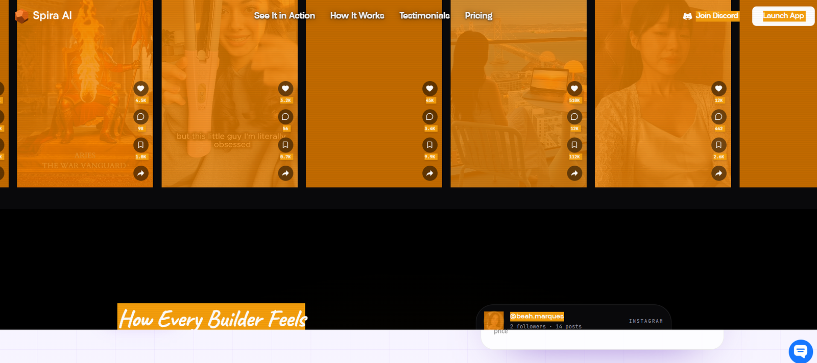1 - Spira AI homepage header with navigation and a row of orange-tinted carousel panels featuring social icons on the right.