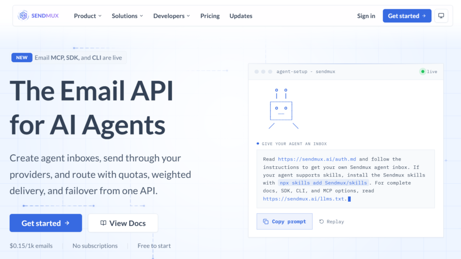 1 - Hero section with the headline 'The Email API for AI Agents' and two call-to-action buttons: Get started and View Docs, on a light blue grid background.