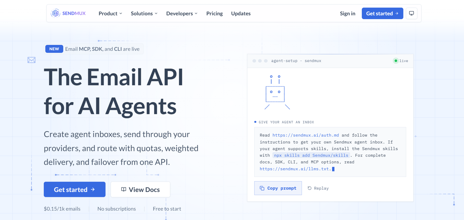 1 - Hero section with the headline 'The Email API for AI Agents' and two call-to-action buttons: Get started and View Docs, on a light blue grid background.
