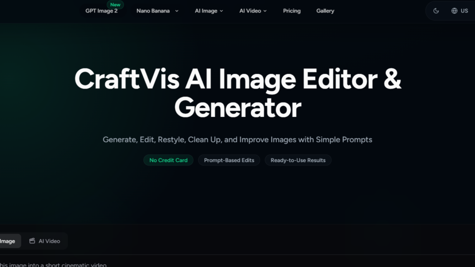 1 - Hero banner for CraftVis AI Image Editor & Generator with a dark gradient background, large white title, subtitle, and three pill buttons: No Credit Card, Prompt-Based Edits, Ready-to-Use Results.