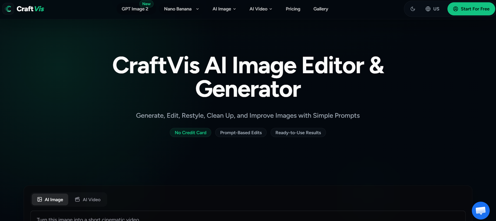1 - Hero banner for CraftVis AI Image Editor & Generator with a dark gradient background, large white title, subtitle, and three pill buttons: No Credit Card, Prompt-Based Edits, Ready-to-Use Results.