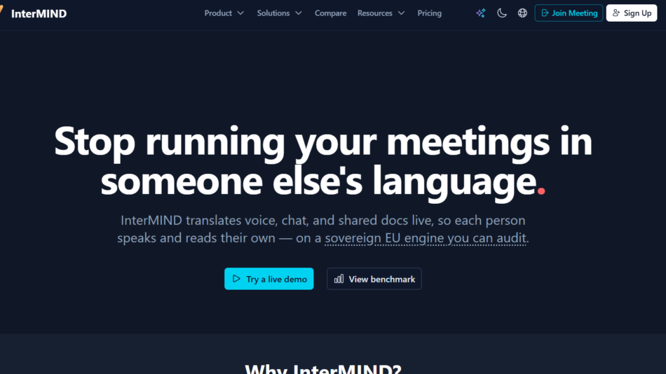 1 - Hero banner: bold headline about translating meetings, with a supporting subtitle and two call-to-action buttons: 'Try a live demo' and 'View benchmark'.