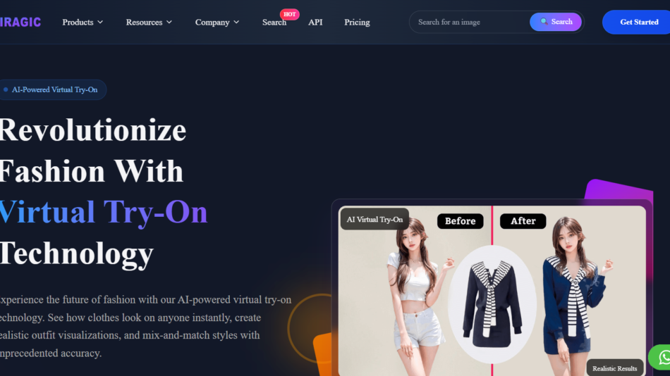 1 - Hero section promoting AI-powered virtual try-on for fashion with large headline 'Revolutionize Fashion With Virtual Try-On Technology' and a device mockup on the right.