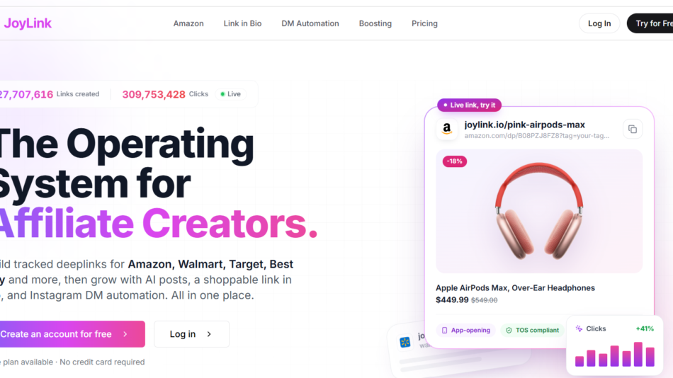 JoyLink homepage hero with bold headline 'The Operating System for Affiliate Creators' and a right-side floating product card showing headphones on a grid background.