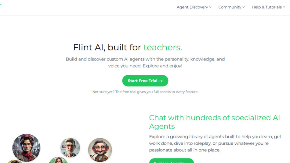 Flint AI homepage hero: 'built for teachers' with a green Start Free Trial button and navigation at the top of the page