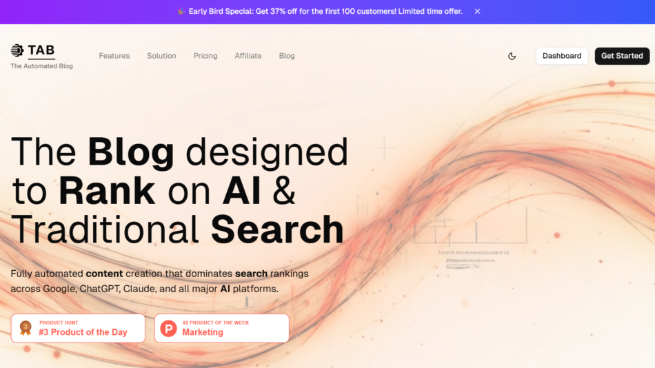 1 - Hero banner for TAB blog: bold headline 'The Blog designed to Rank on AI & Traditional Search' over an abstract peach-and-orange swirl background with top navigation and CTA buttons (Dashboard, Get Started).