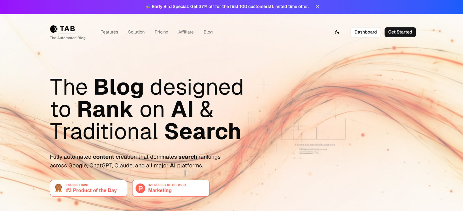 1 - Hero banner for TAB blog: bold headline 'The Blog designed to Rank on AI & Traditional Search' over an abstract peach-and-orange swirl background with top navigation and CTA buttons (Dashboard, Get Started).