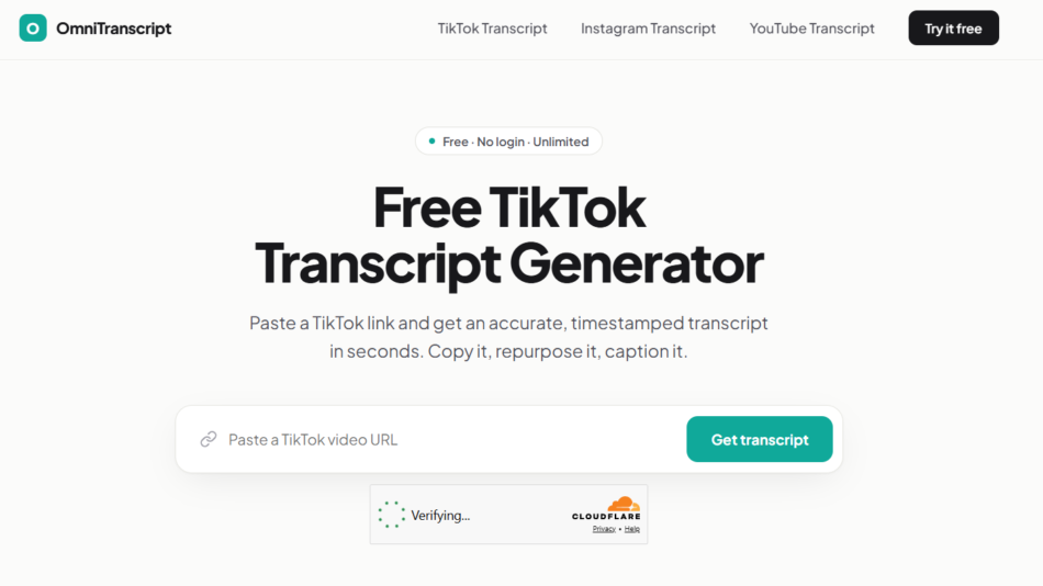 10 - OmniTranscript hero: logo and navigation above a large headline reading 'Free TikTok Transcript Generator' with a URL input and teal 'Get transcript' button below the subtitle.