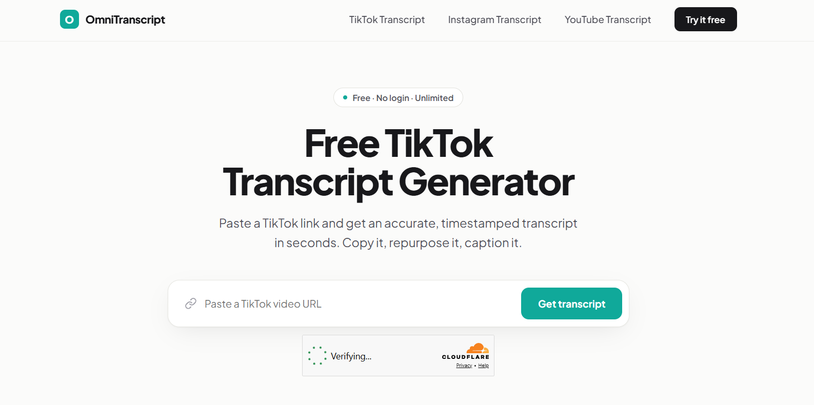 10 - OmniTranscript hero: logo and navigation above a large headline reading 'Free TikTok Transcript Generator' with a URL input and teal 'Get transcript' button below the subtitle.