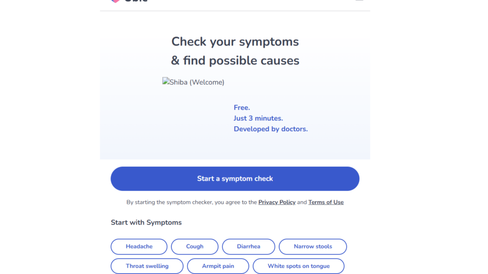 10 - Hero section of a symptom checker site with the headline 'Check your symptoms & find possible causes' and a large blue rounded 'Start a symptom check' button.