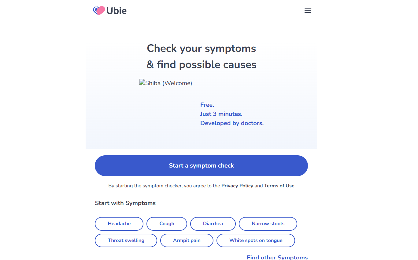 10 - Hero section of a symptom checker site with the headline 'Check your symptoms & find possible causes' and a large blue rounded 'Start a symptom check' button.