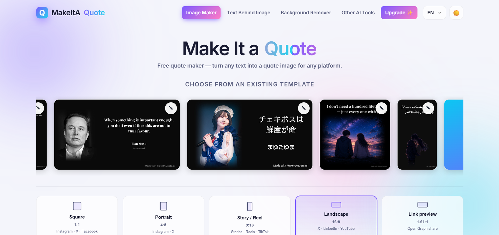 10 - Hero section of MakeItAQuote: gradient background, logo, top navigation, large 'Make It a Quote' title with subtitle, and a row of template thumbnails.