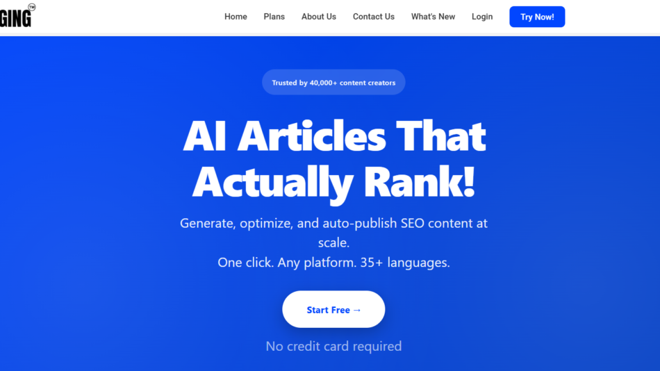 10 - Hero banner with bold white headline 'AI Articles That Actually Rank!' on a blue background and a 'Start Free' call-to-action button, plus subheading text.