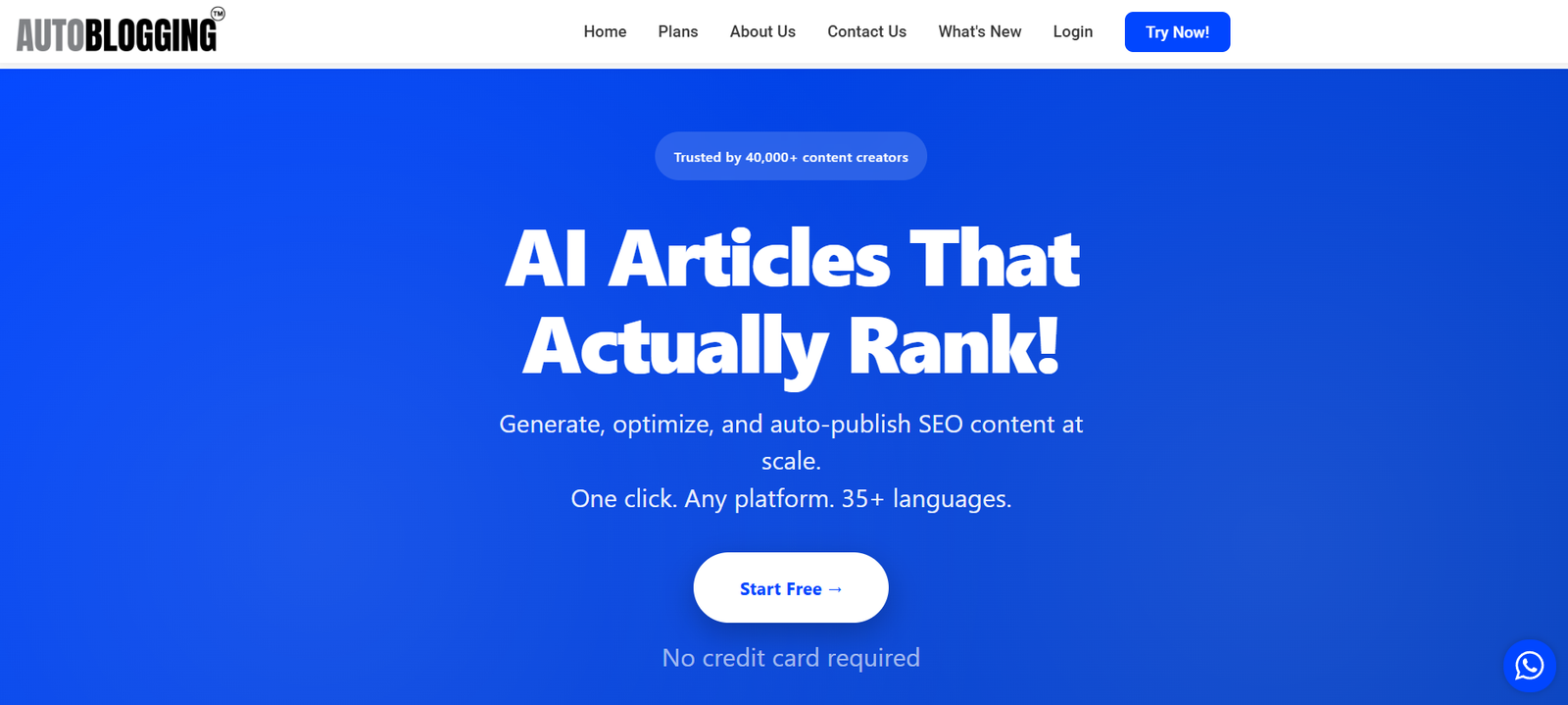 10 - Hero banner with bold white headline 'AI Articles That Actually Rank!' on a blue background and a 'Start Free' call-to-action button, plus subheading text.