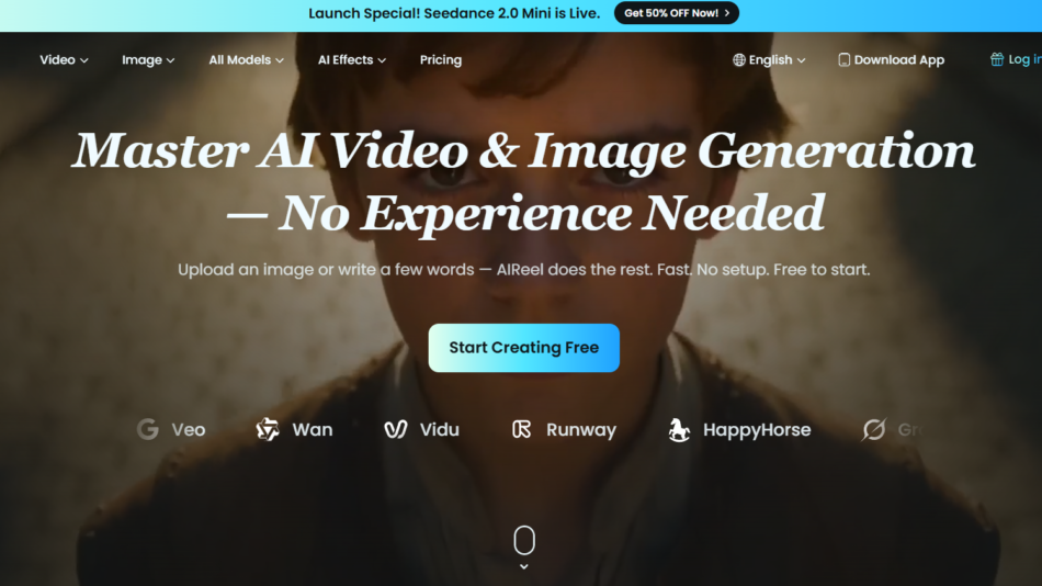 10 - Hero banner with a close-up of a young man's face and bold headline: 'Master AI Video & Image Generation — No Experience Needed' with a 'Start Creating Free' button and supporting text, set over a dark background.