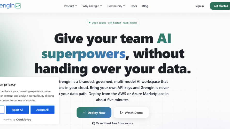 Hero header: 'Give your team AI superpowers, without handing over your data' on a light grid background with a cookies banner overlay.
