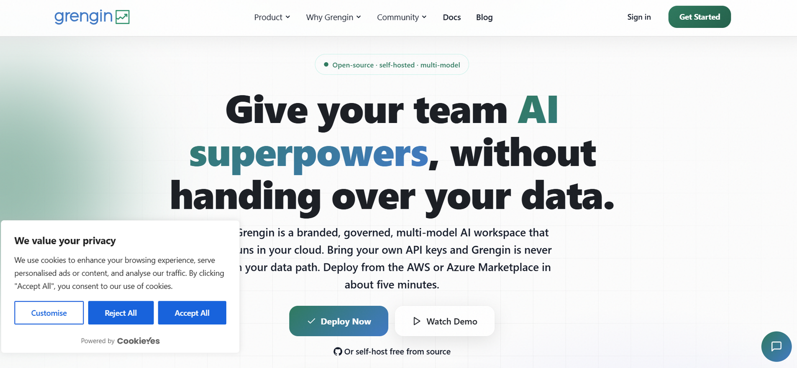10 - Hero header: 'Give your team AI superpowers, without handing over your data' on a light grid background with a cookies banner overlay.