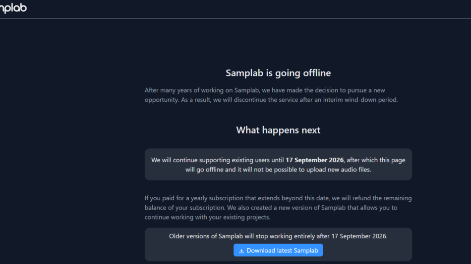 10 - Samplab goes offline notice with explanation of wind-down and discontinuation of service.