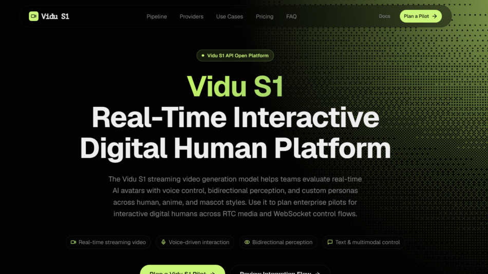 11 - Hero banner for Vidu S1: bold lime title 'Vidu S1' and large 'Real-Time Interactive Digital Human Platform' over a dark dotted gradient background with navigation bar and lime plan button.