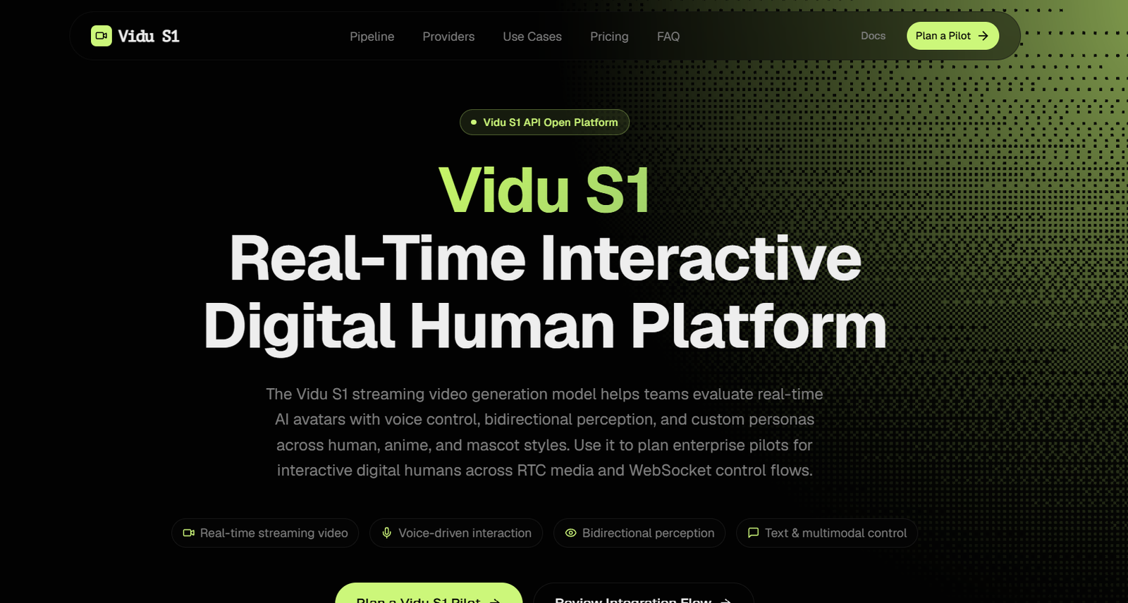 11 - Hero banner for Vidu S1: bold lime title 'Vidu S1' and large 'Real-Time Interactive Digital Human Platform' over a dark dotted gradient background with navigation bar and lime plan button.