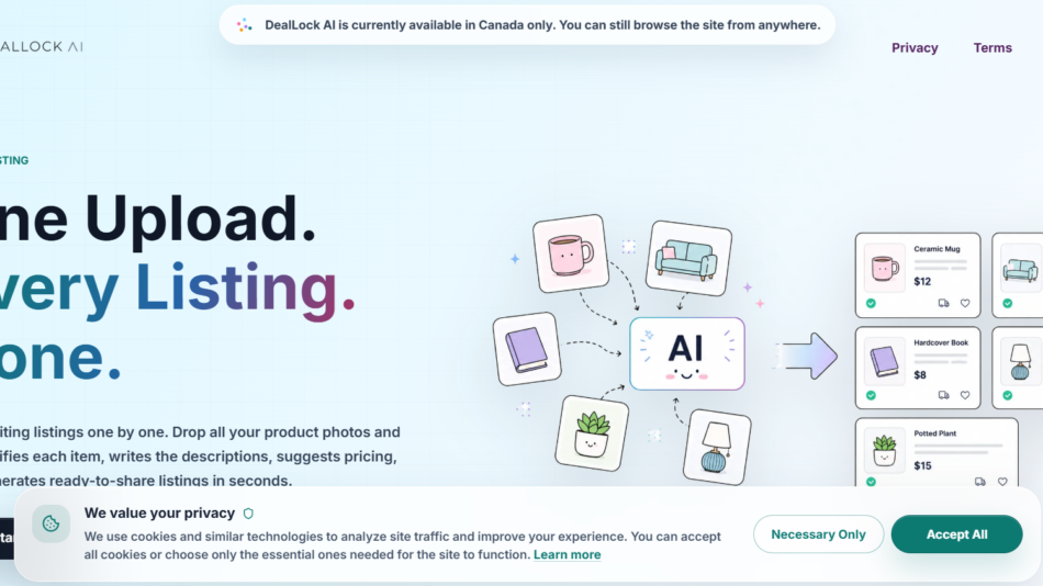 Hero section promoting AI-assisted listing creation: bold headline 'One Upload. Every Listing. Done.' with a light blue grid background and AI illustration on the right.