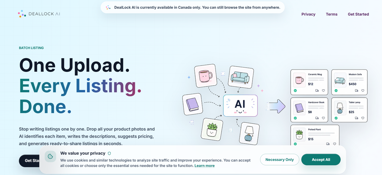 11 - Hero section promoting AI-assisted listing creation: bold headline 'One Upload. Every Listing. Done.' with a light blue grid background and AI illustration on the right.