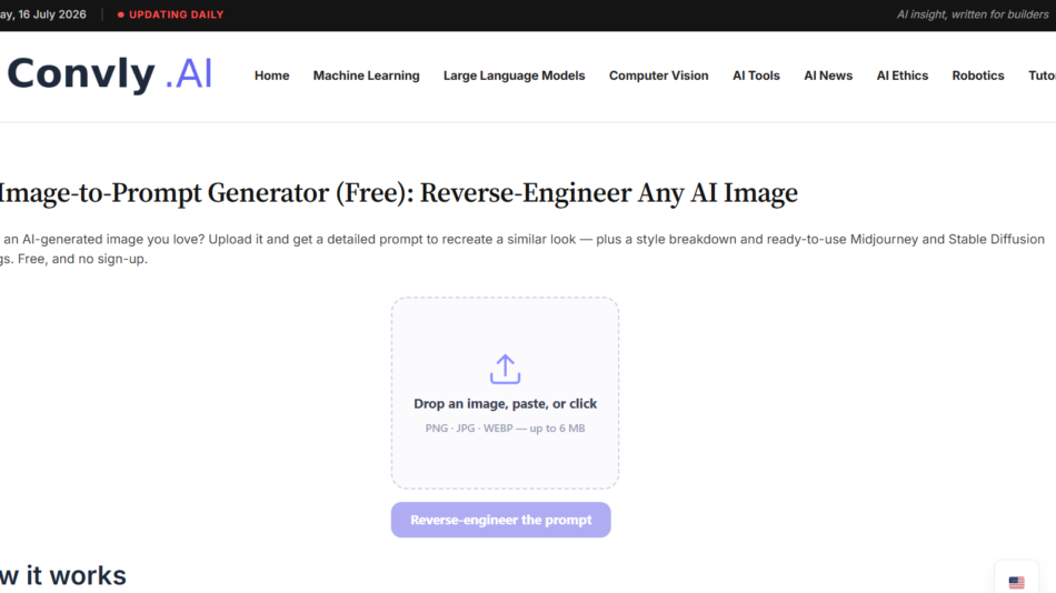 Hero section announcing the AI Image-to-Prompt Generator with a dropzone: 'Drop an image, paste, or click' and a 'Reverse-engineer the prompt' button; upload formats PNG/JPG/WEBP up to 6 MB.