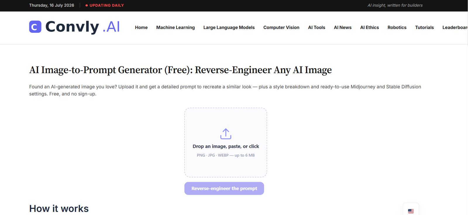11 - Hero section announcing the AI Image-to-Prompt Generator with a dropzone: 'Drop an image, paste, or click' and a 'Reverse-engineer the prompt' button; upload formats PNG/JPG/WEBP up to 6 MB.