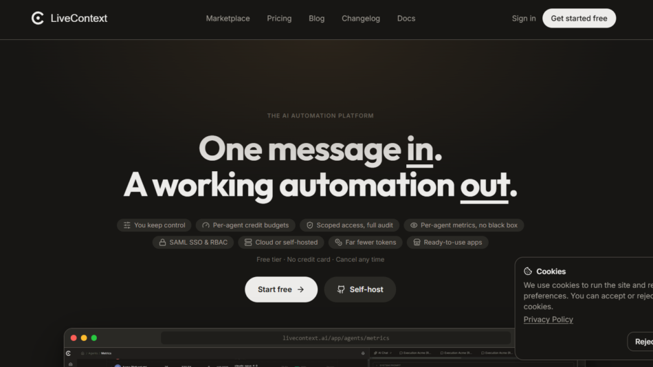 11 - Dark hero banner for LiveContext with bold white headline: 'One message in. A working automation out.' and navigation bar at top; cookies panel on bottom-right visible.