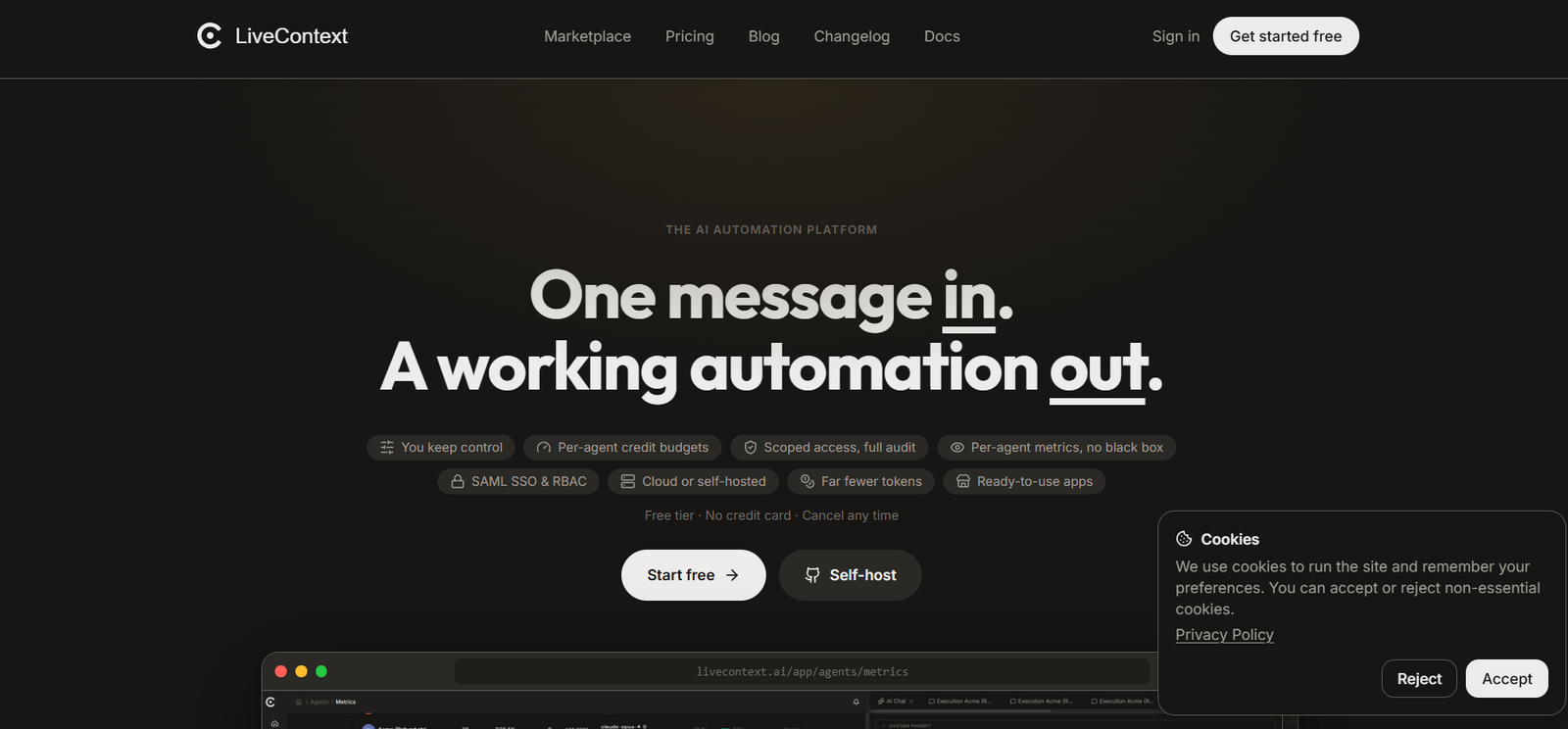 11 - Dark hero banner for LiveContext with bold white headline: 'One message in. A working automation out.' and navigation bar at top; cookies panel on bottom-right visible.