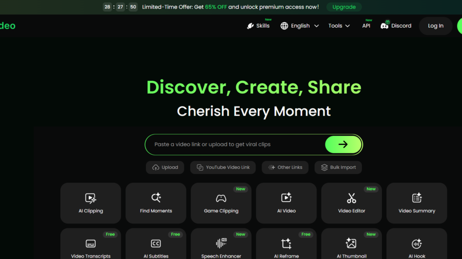 11 - Dark WayinVideo homepage with neon green logo; headline 'Discover, Create, Share' and subheading 'Cherish Every Moment'; central 'Paste a video link or upload to get viral clips' with neon button; left navigation rail and grid of feature tiles (AI Clipping, Find Moments, Game Clipping, AI Video, Video Editor, etc.)