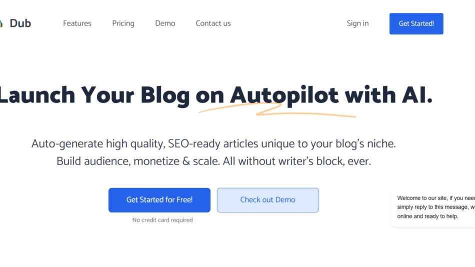 Hero banner: headline 'Launch Your Blog on Autopilot with AI' with subheading and two buttons: Get Started for Free and Check out Demo.