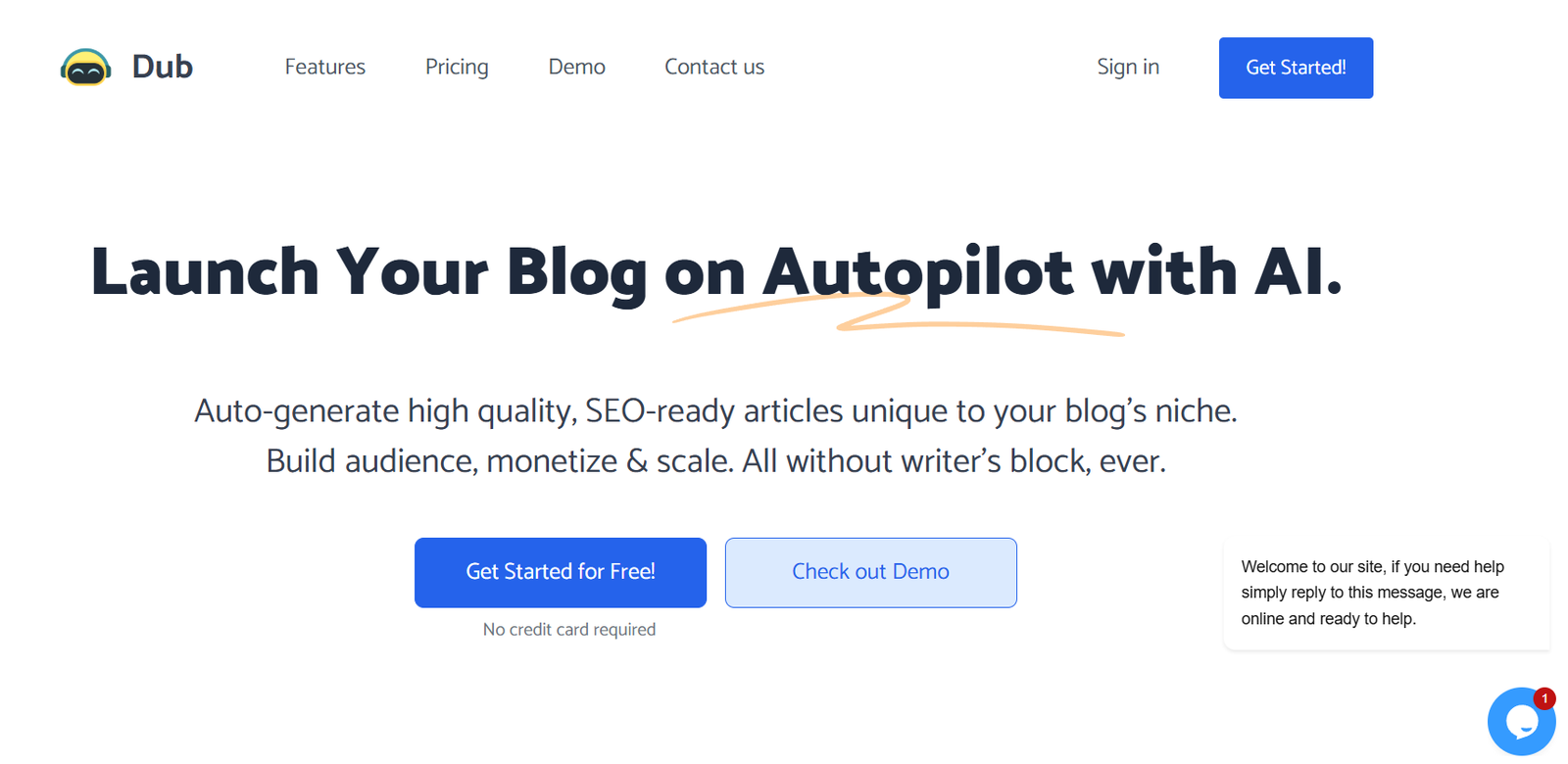 11 - Hero banner: headline 'Launch Your Blog on Autopilot with AI' with subheading and two buttons: Get Started for Free and Check out Demo.