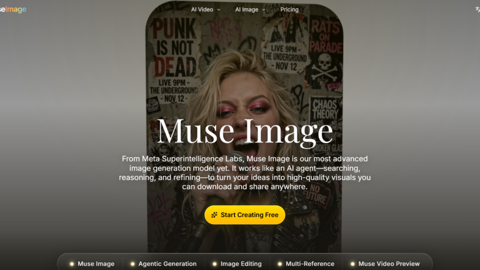 12 - Hero banner for Muse Image: a close-up portrait of a woman with pink makeup in front of a graffiti wall, with large 'Muse Image' title and white descriptive text overlaid.