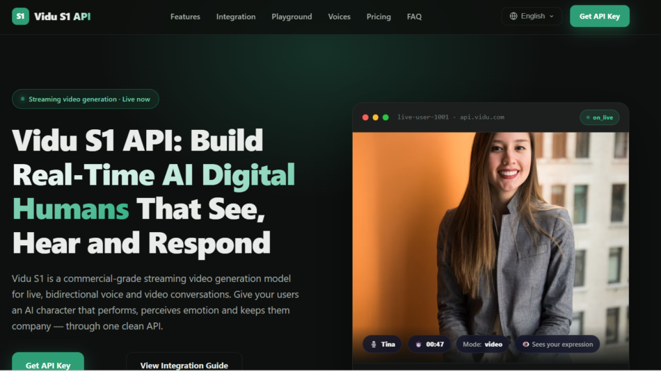 12 - Marketing hero for Vidu S1 API with a bold white and teal headline on the left and a video-preview window showing a smiling woman on the right in a dark themed homepage.