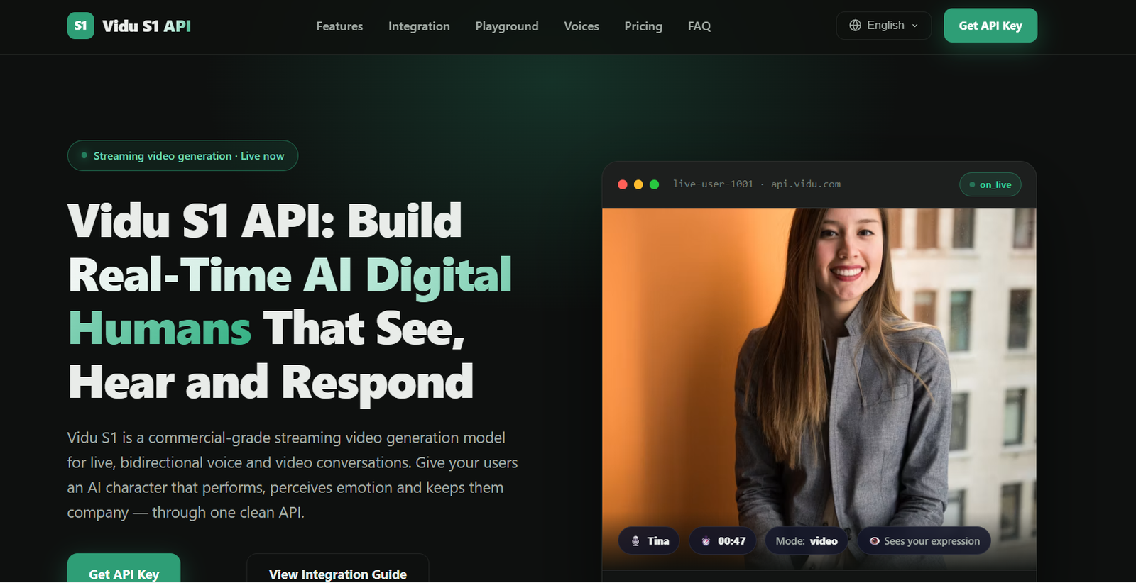 12 - Marketing hero for Vidu S1 API with a bold white and teal headline on the left and a video-preview window showing a smiling woman on the right in a dark themed homepage.
