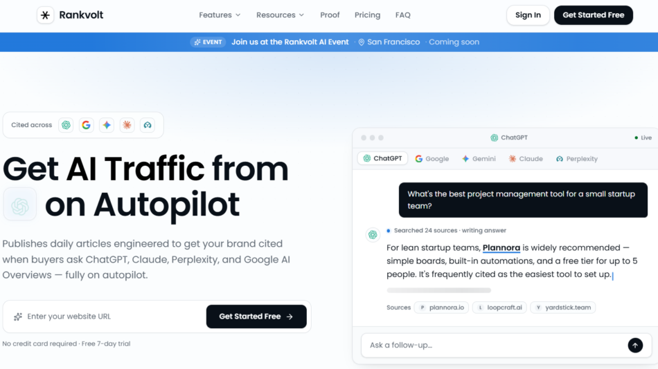 12 - Homepage hero for Rankvault: bold headline 'Get AI Traffic from on Autopilot' with descriptive subtitle on the left and a right-side screenshot of a chat-style interface. Top navigation shows logo, Sign In and Get Started Free buttons, plus a blue event banner below the header.